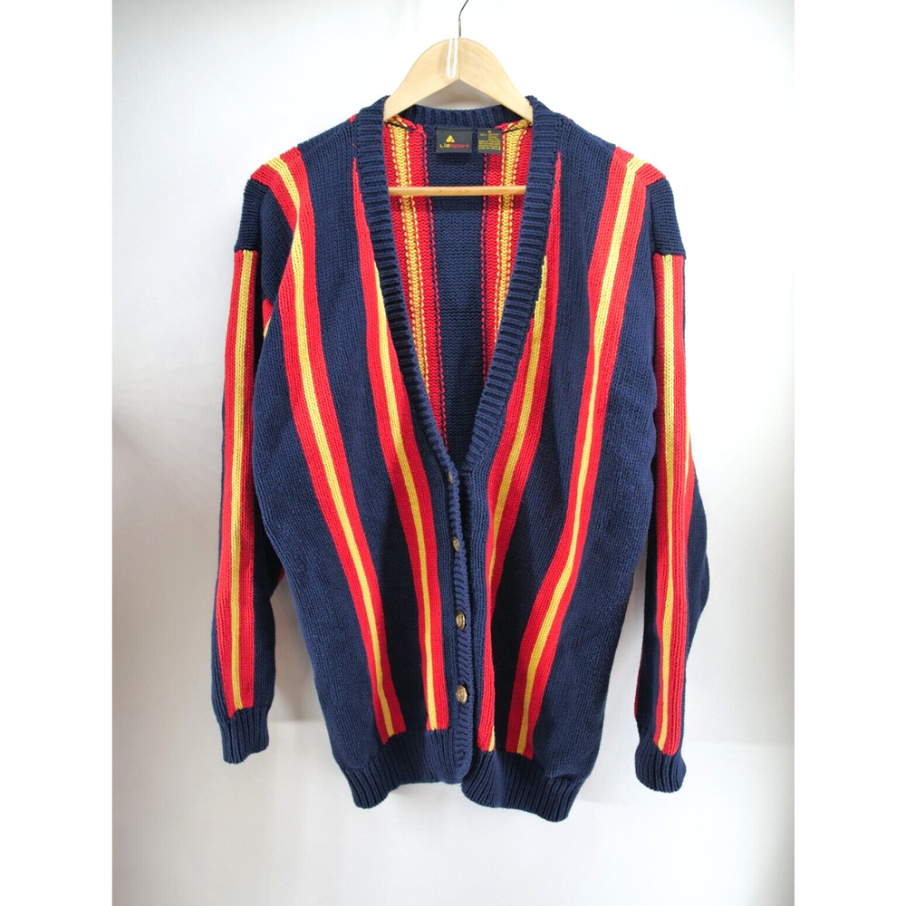 LizSport‎ Medium Knit Sweater Womens 100% Cotton Black Red Yellow Striped